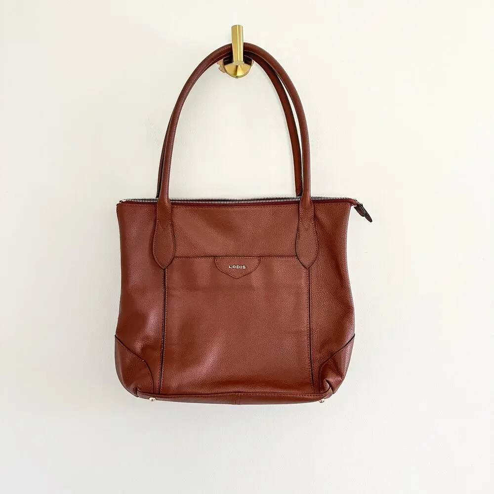 Lodis Leather Zip Around Double Handle Strap Tote Bag Brown